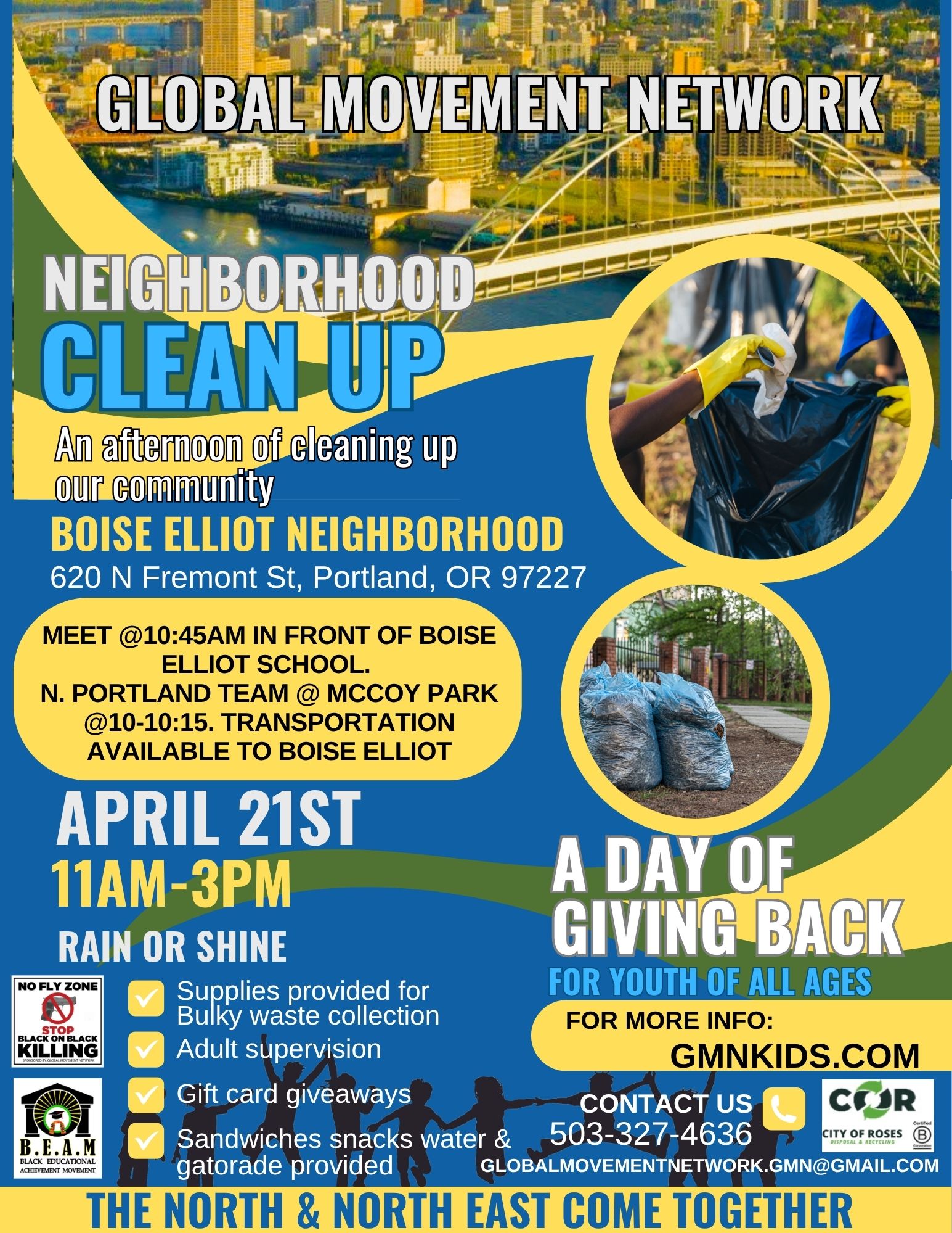 Global Movement Network Neighborhood Clean Up flyer for Boise Eliot neighborhood